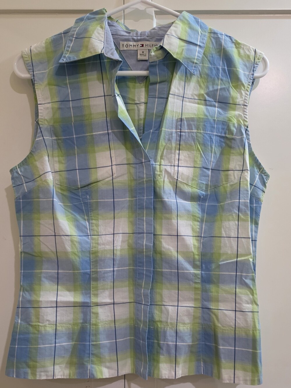 Tommy Hilfiger Sleeveless Plaid Top in Blue, Green & White